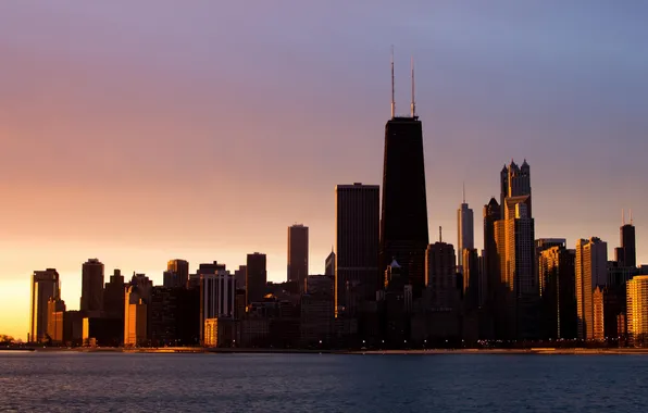 Sunset, the city, skyscrapers, Chicago, Michigan, Chicago, Illinois