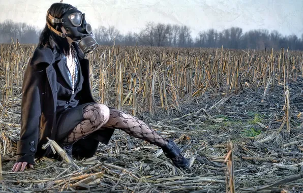 Field, girl, style, background, gas mask