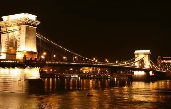 Night, lights, river, Hungary, Budapest, The Danube, Chain Bridge
