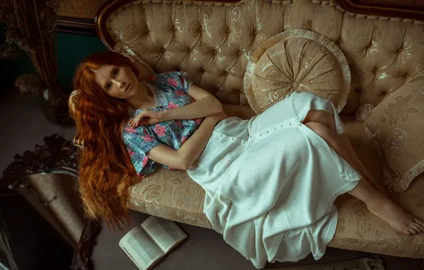 Look, girl, pose, sofa, model, hair, book, red