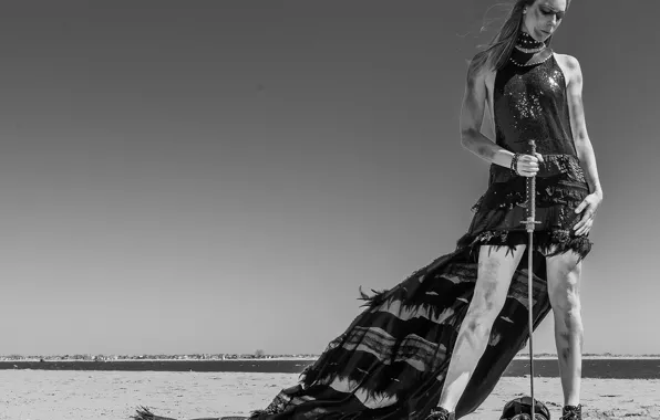 Picture girl, style, sword, black and white, monochrome