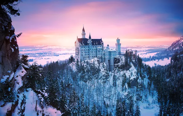 Winter, light, snow, Germany, Bayern, Neuschwanstein castle