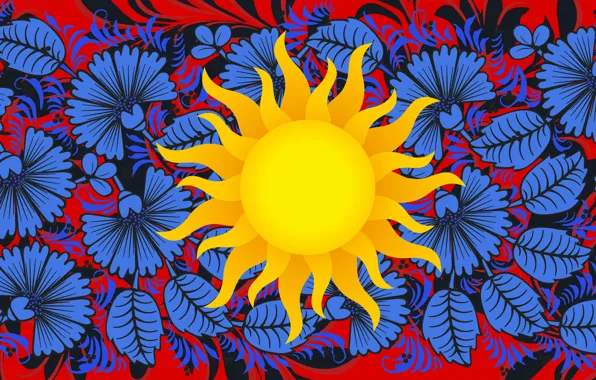 Flowers, The sun, Style, Background, Painting, Art, Khokhloma, Khokhloma painting