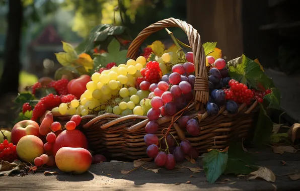 Picture apples, grapes, fruit, basket