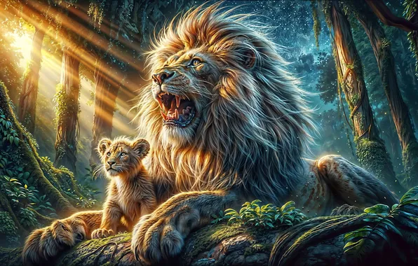 Forest, rays, Leo, lion