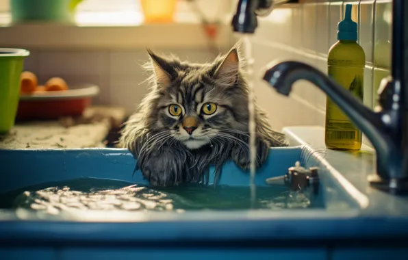 Cat, cat, look, water, light, wet, pose, crane