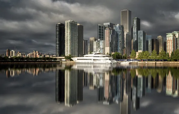 Water, clouds, the city, reflection, building, home, yacht, Chicago