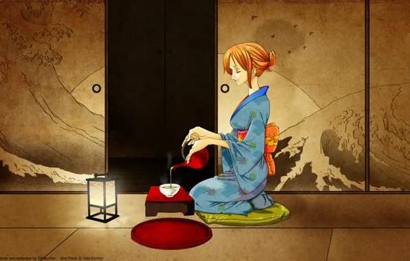 Picture room, tea, kimono, nami, one piece, Japanese Oded
