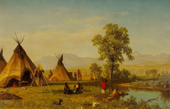 Picture landscape, picture, wigwam, Albert Bierstadt, The village of the Sioux near Fort Laramie