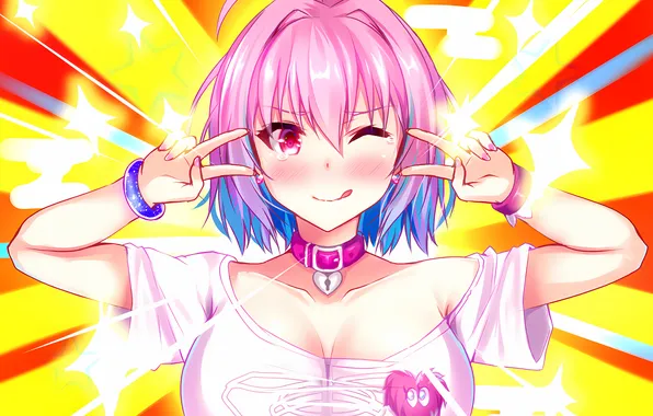 Girl, cleavage, pink hair, boobs, anime, beautiful, short hair, pretty