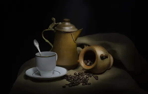 Coffee, kettle, Cup, still life, black background, coffee beans, pot, Antonello Maccioni