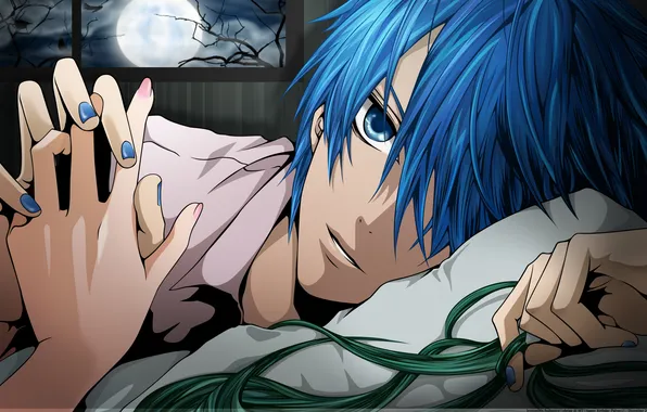 The moon, anime, hands, window, guy, vocaloid, kaito