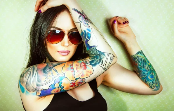 Girl, hands, brunette, tattoo, glasses, solar