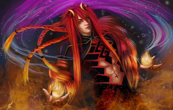 Picture language, fire, the demon, horns, guy, red hair