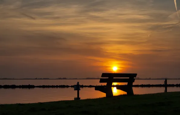 Picture the sky, sunset, river, bench