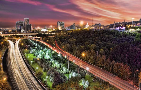 City, light, landscape, highway, town