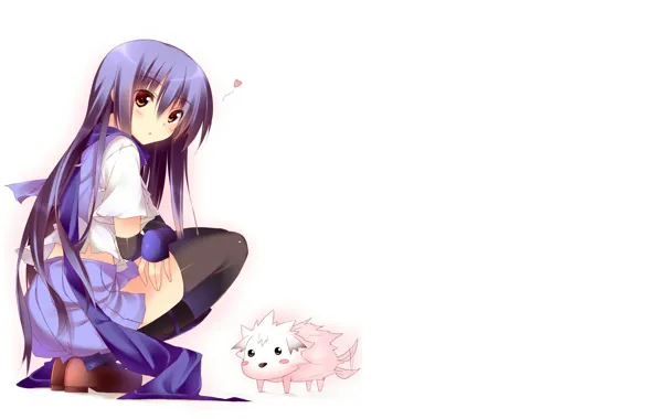 Picture scarf, girl, puppy, white background, blush, sitting, long hair, black stockings
