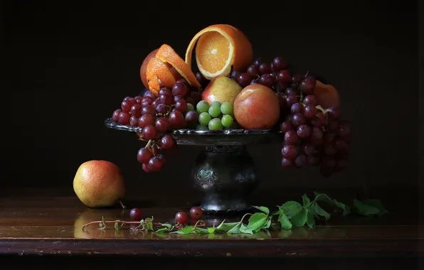 Orange, grapes, vase, fruit, still life, pear, the dark background