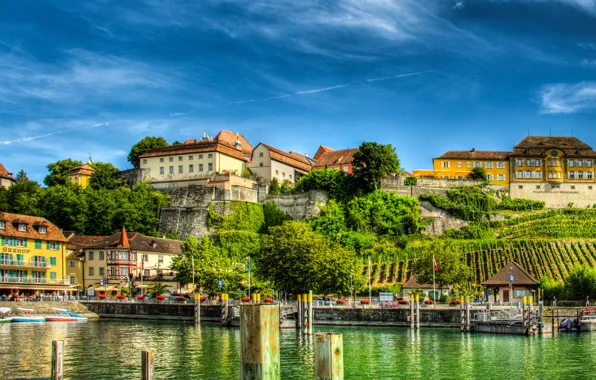 Picture trees, lake, shore, HDR, home, Germany, piers, Meersburg