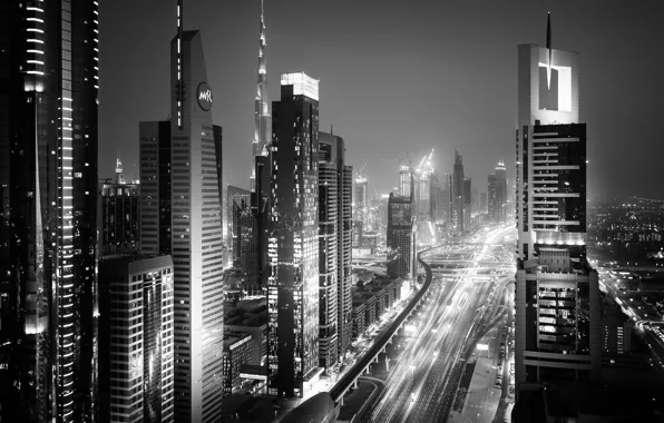 Light, night, the city, lights, Dubai, UAE, black and white photo