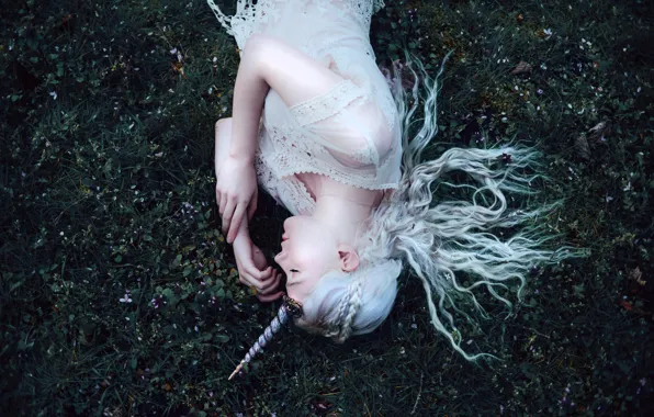 Girl, style, fantasy, unicorn, image, in white, nymph, photoart
