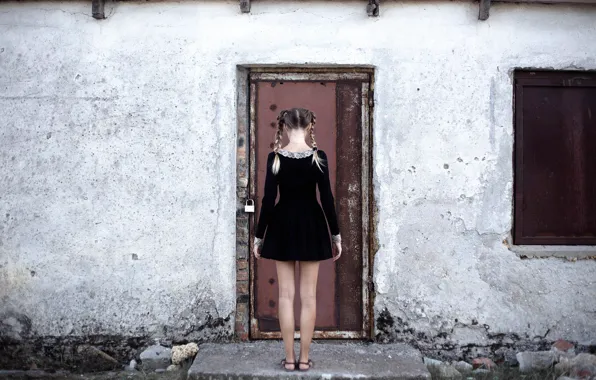 Picture girl, the door, braids, form, legs
