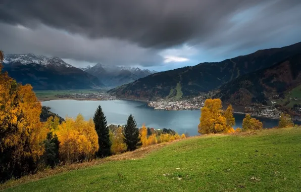 Autumn, trees, mountains, lake, Austria, Alps, panorama, Austria