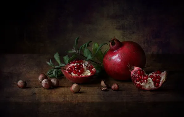 Leaves, table, Board, fruit, nuts, still life, shell, grenades