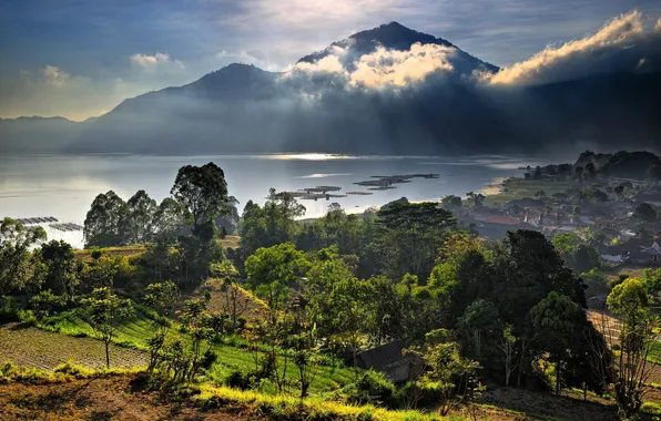 Sea, the sky, the sun, clouds, trees, mountains, field, home