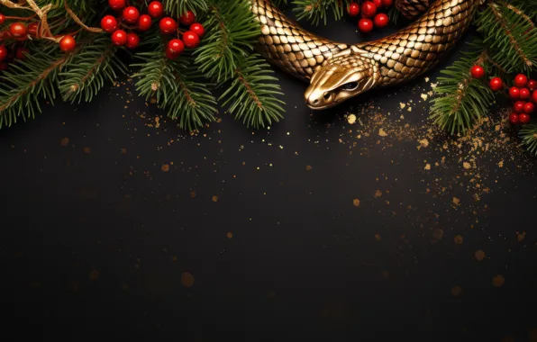 Face, branches, berries, the dark background, snake, scales, sequins, fruit
