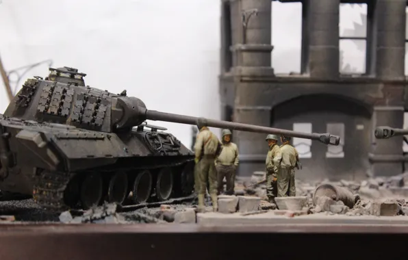 Picture toy, soldiers, tank, ruins, Panther, model, heavy