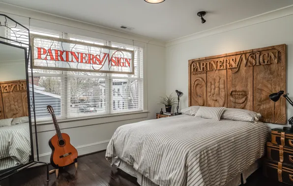 Picture guitar, bed, window, bedroom
