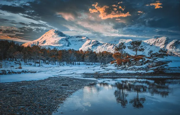 Picture winter, water, snow, trees, mountains, Norway, Todor Bozhkov