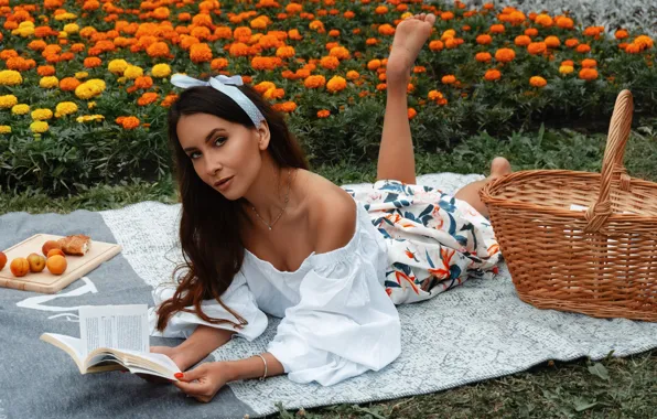 Picture look, girl, flowers, stay, basket, book, plaid, Zlobin Awesome