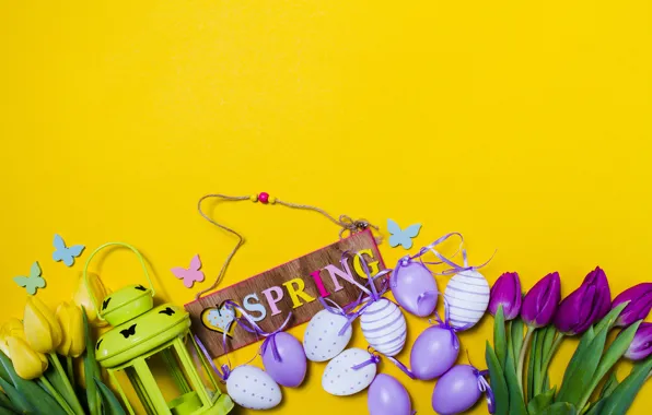 Flowers, eggs, spring, yellow, colorful, Easter, tulips, flowers