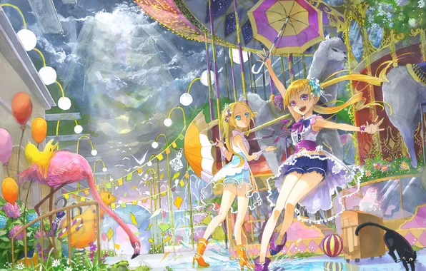 The sky, clouds, joy, Park, girls, anime, art, umbrellas
