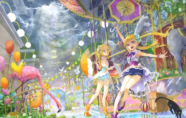 The sky, girl, clouds, joy, Park, umbrella, anime, art