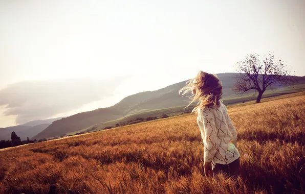 Picture field, girl, the wind, hair, spikelets