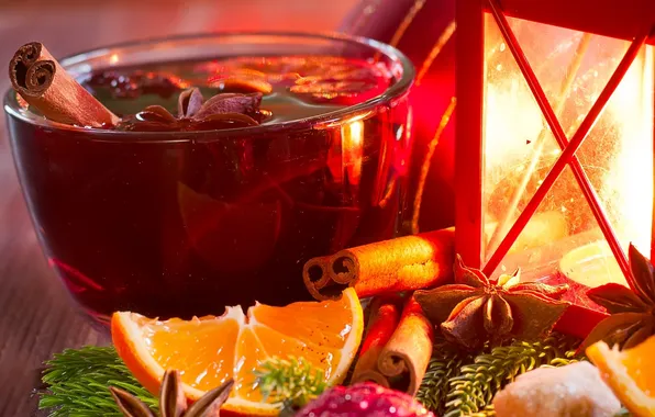 Picture orange, lantern, spices, mulled wine