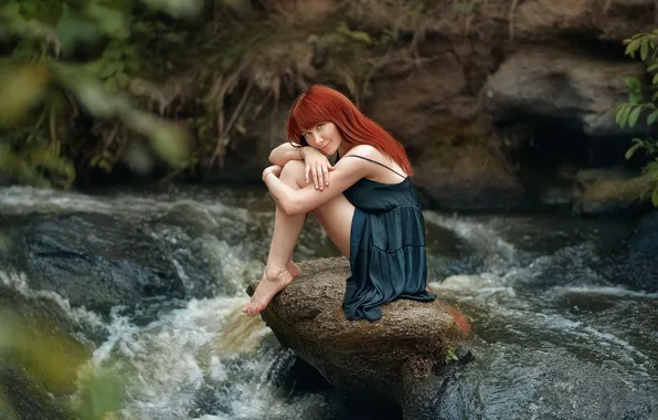Picture summer, look, girl, river, photo, hair, red, legs