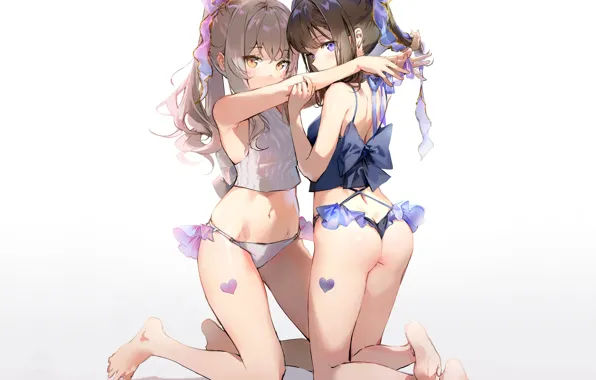Barefoot, bow, on my knees, in lingerie, two girls, in the arms of, by Anmi
