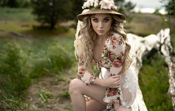Summer, grass, look, girl, light, flowers, face, pose