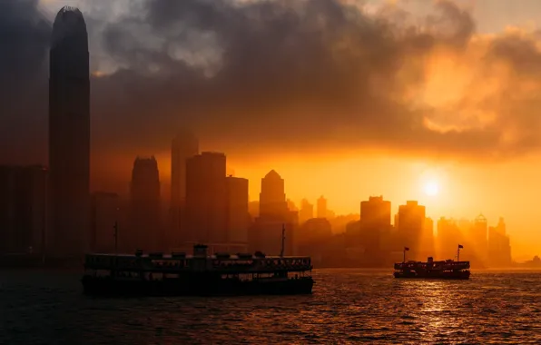 City, China, sky, sea, ocean, sunset, clouds, sun