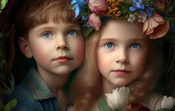Look, children, portrait, boy, girl, Duo, two children, AI art