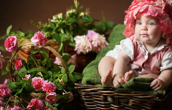 Picture children, basket, roses, girl