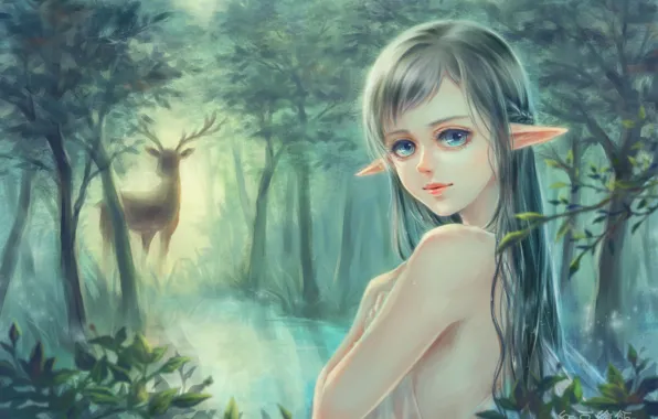 Picture forest, girl, nature, lake, elf, deer
