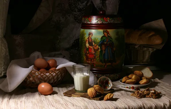 The dark background, food, eggs, milk, cookies, bread, dishes, nuts