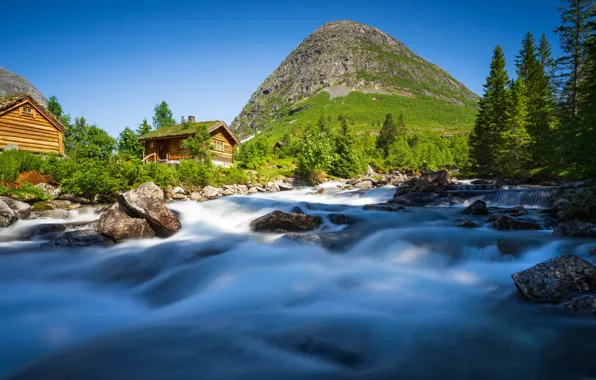 Trees, river, stones, mountain, Norway, houses