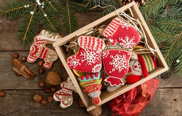 Branches, Board, cookies, Christmas, New year, snowman, nuts, box