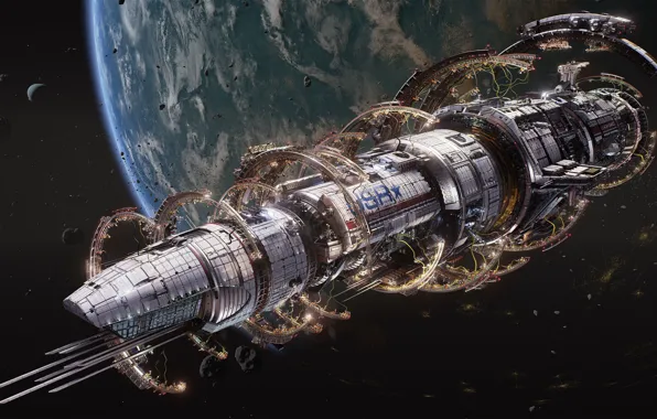 Space, planet, stars, Fractured Space, USR Colossus & dry dock